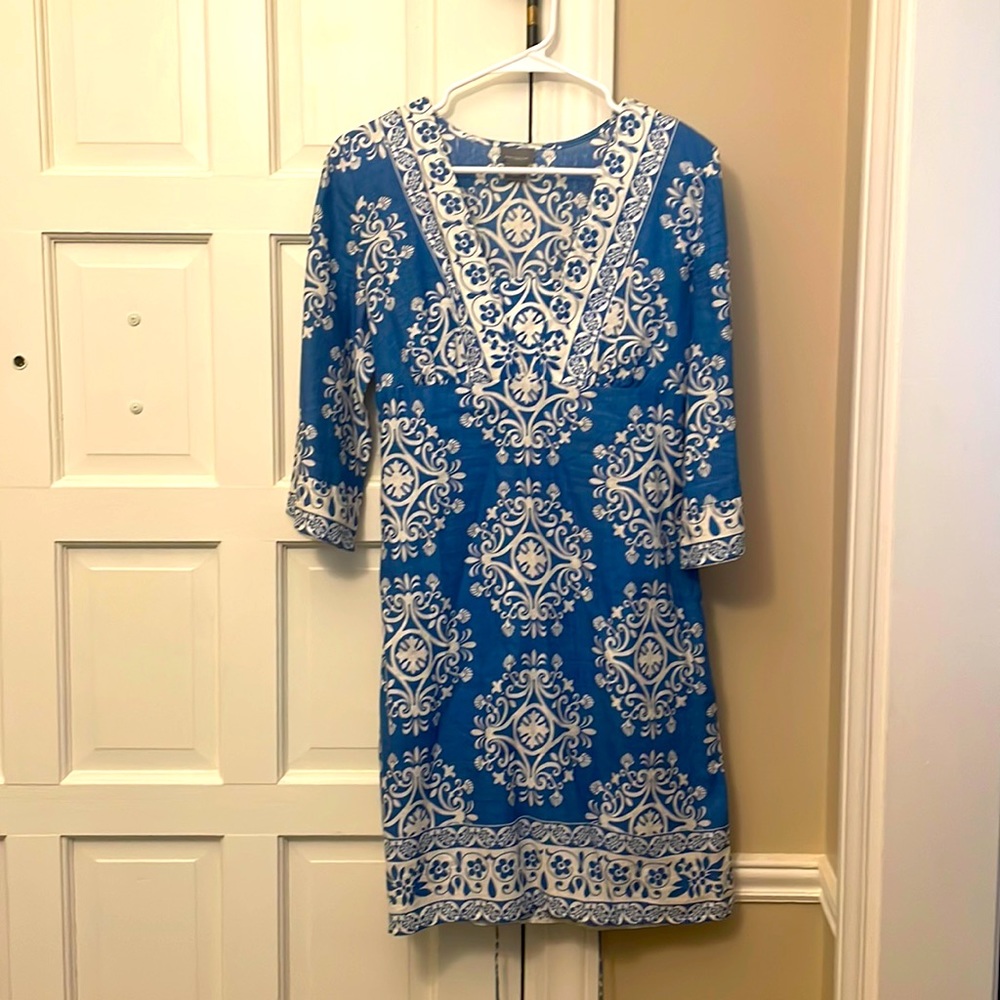 Beautiful cornflower blue and white linen dress